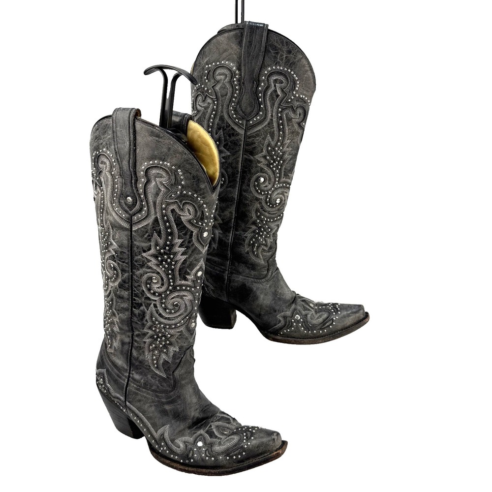 Corral Distressed Black Grey Studded Stitched Snip Toe Western Boots Size 9 M